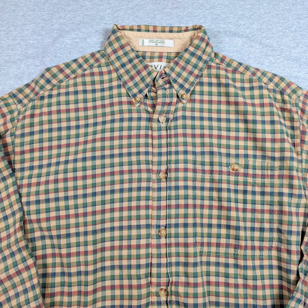 Orvis Mens Plaid Tattersall Button Down Shirt Green Tan Cotton Size M